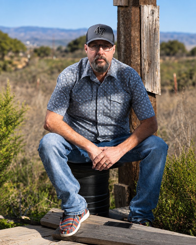 James Ruiz sitting on a ranch fence post under a blue sky in a trucker cap and pearl-snap shirt