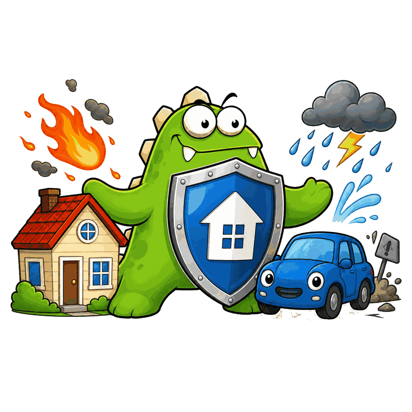 The InsuranceMonster mascot shielding a house and car from fire and storms