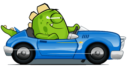 InsuranceMonster mascot driving a car