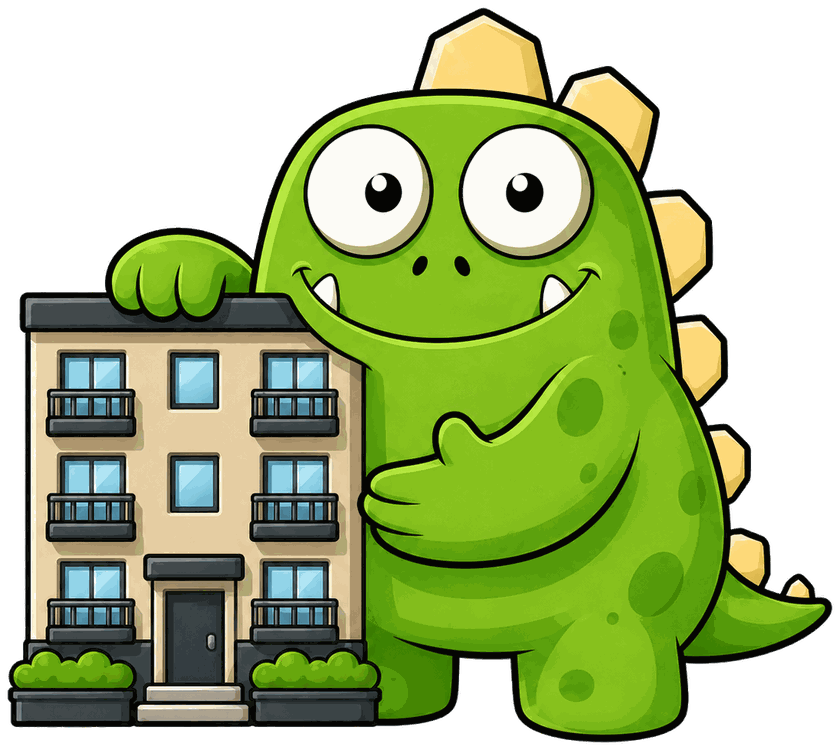 Monster standing beside an apartment building