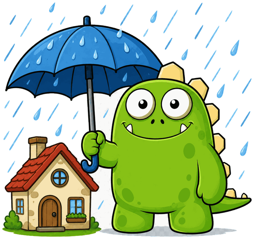 InsuranceMonster mascot shielding a home from rain