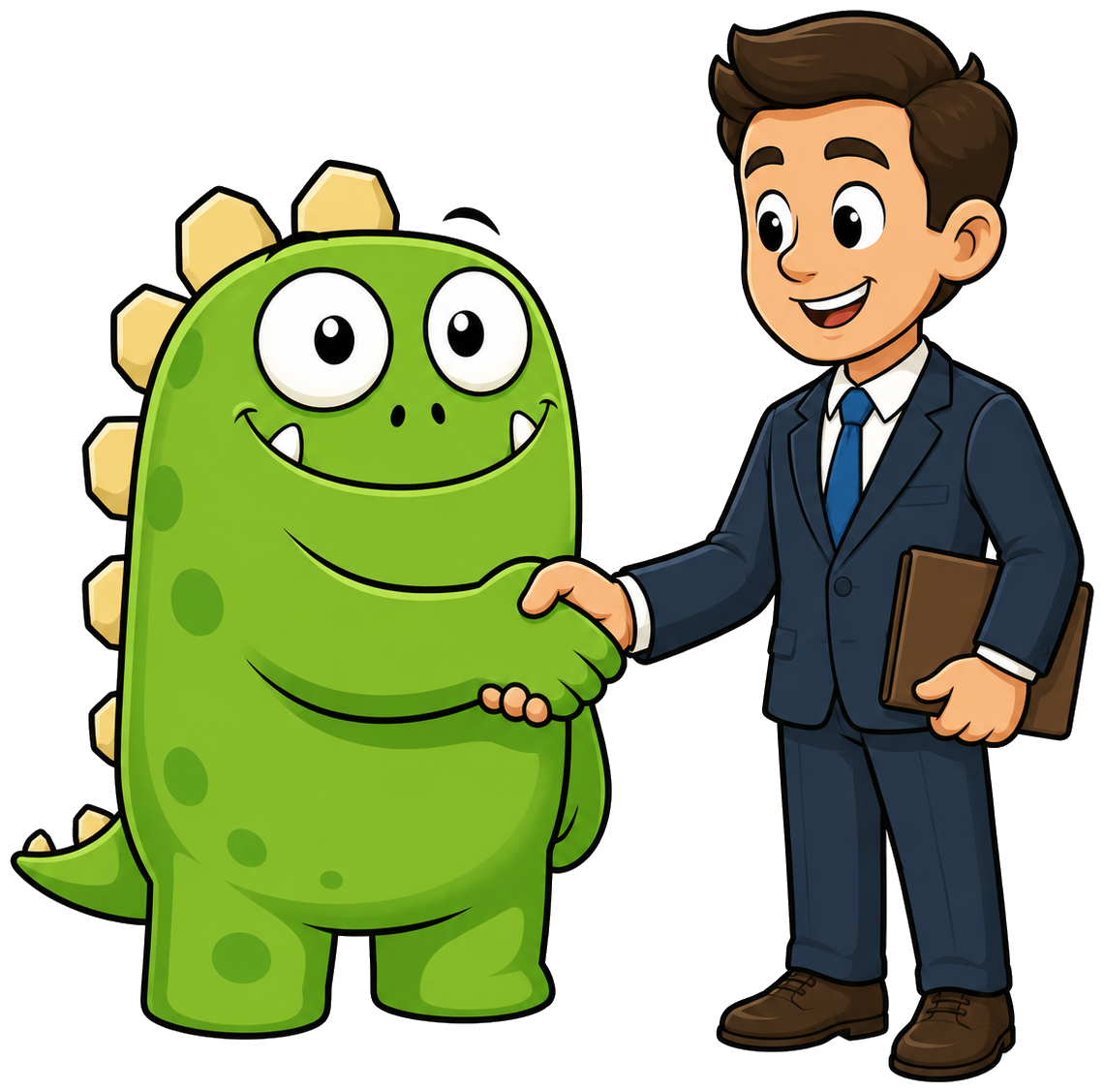 The InsuranceMonster mascot shaking hands with a broker in a suit