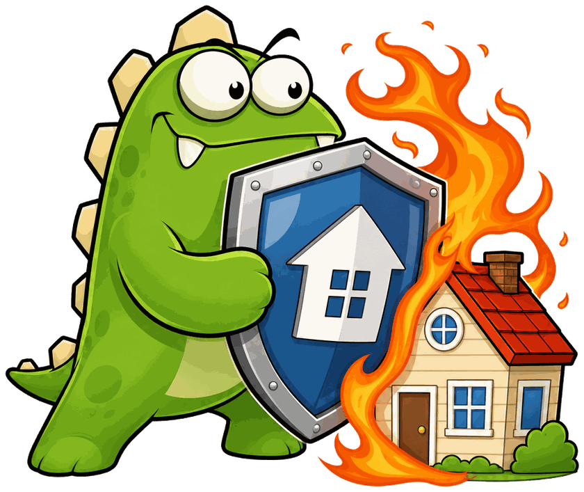 InsuranceMonster mascot shielding a fire-exposed home