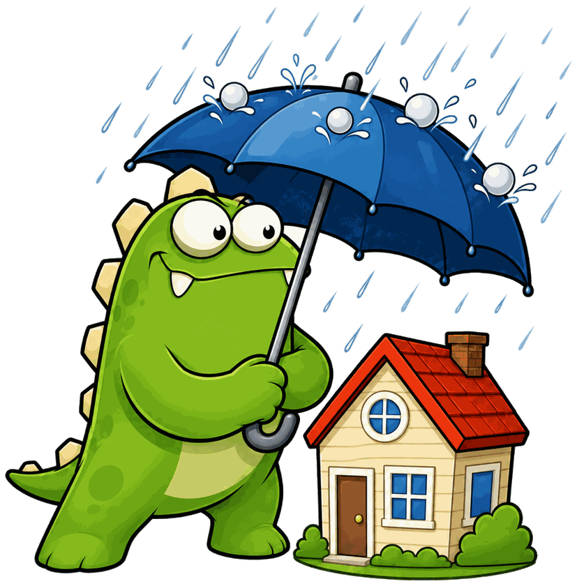 InsuranceMonster mascot shielding a condo from rain