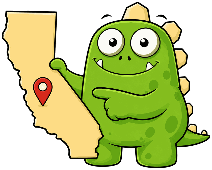 InsuranceMonster mascot holding a California map with a location pin