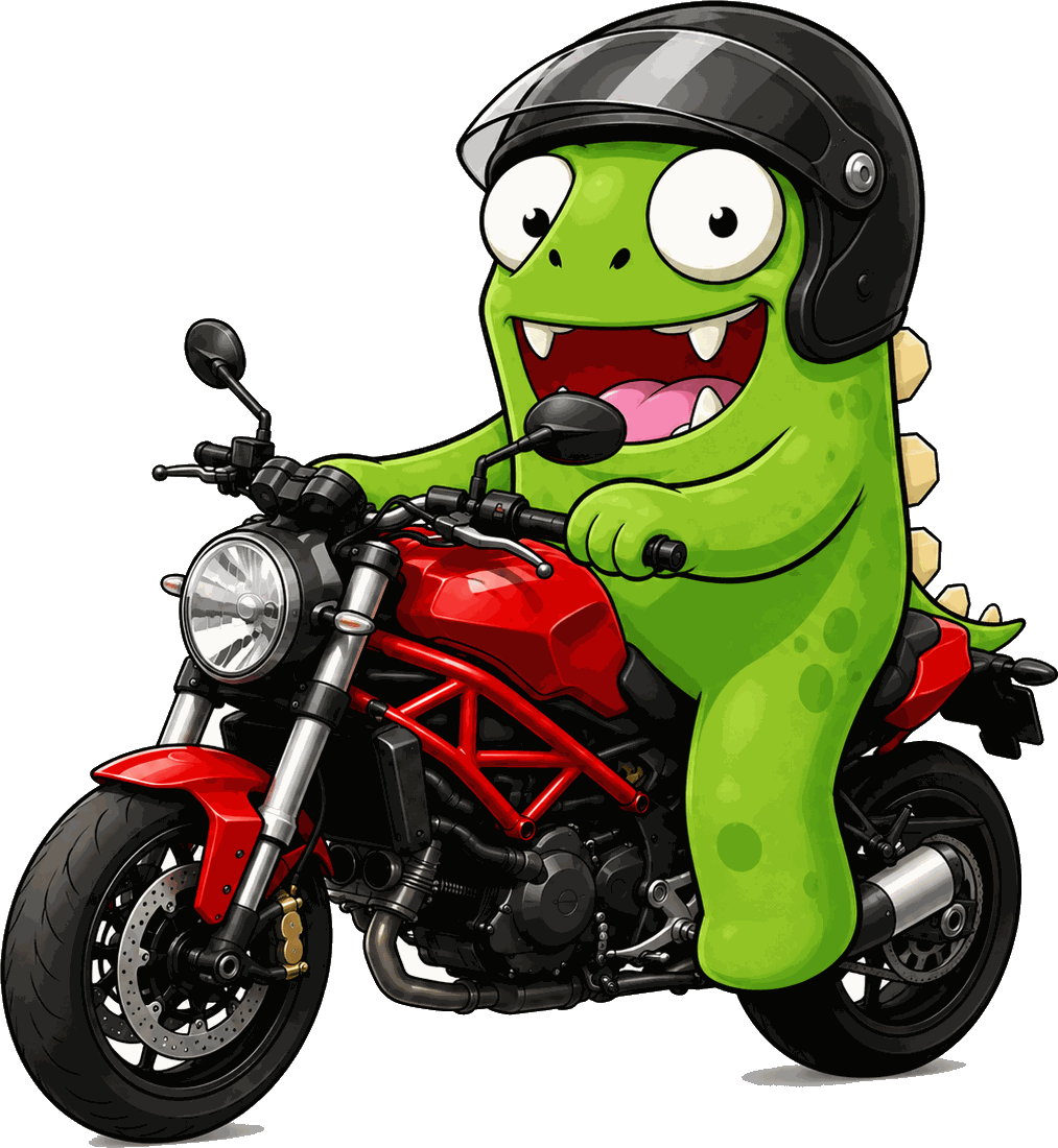 InsuranceMonster mascot riding a motorcycle in a helmet