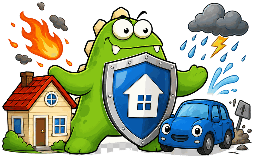 InsuranceMonster mascot protecting a home and car