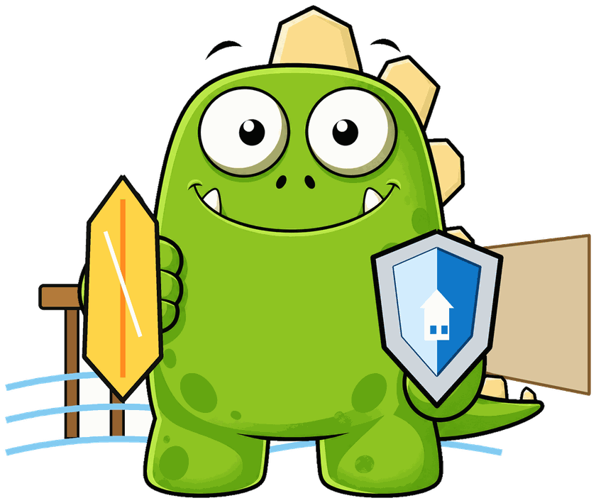 InsuranceMonster mascot with a surfboard on the coast