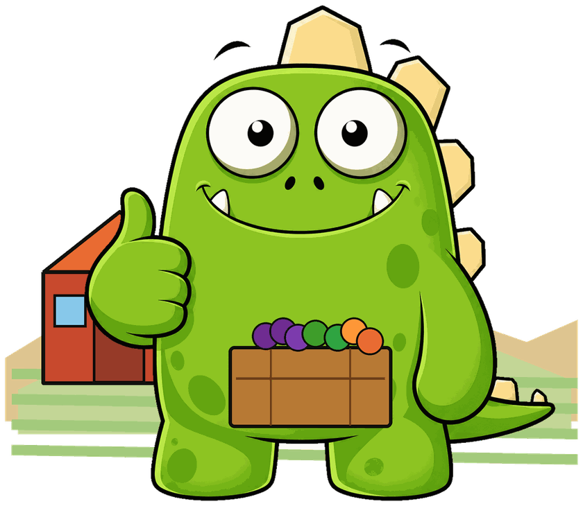 InsuranceMonster mascot holding a crate of farm produce