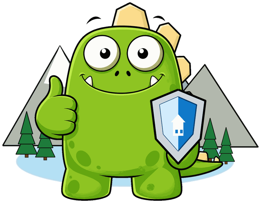InsuranceMonster mascot by a high Sierra peak and alpine lake