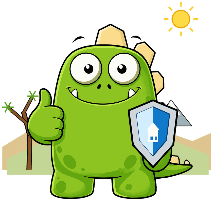 InsuranceMonster mascot by a Joshua tree in the desert foothills