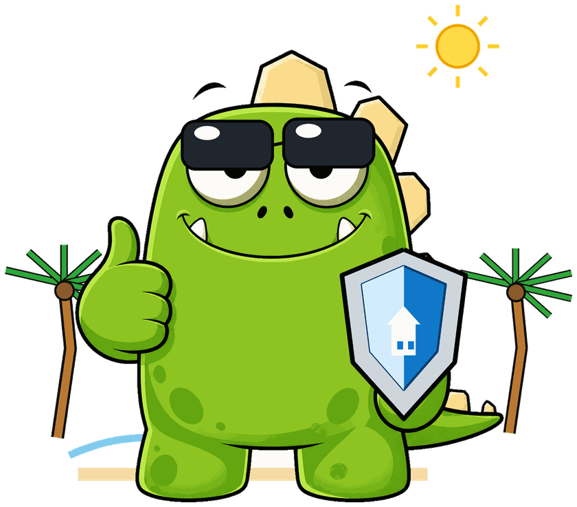 InsuranceMonster mascot in sunglasses among California palm trees
