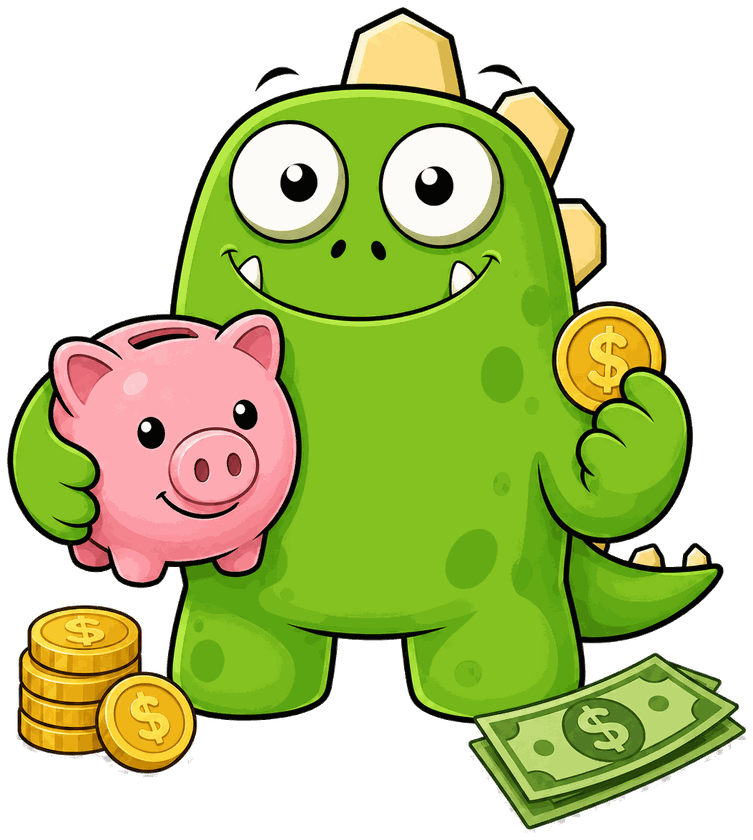 The monster with a piggy bank and cash