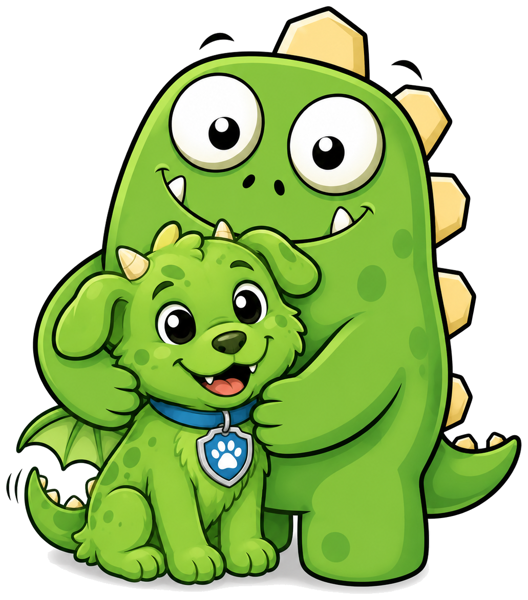 Monster hugging a happy dog