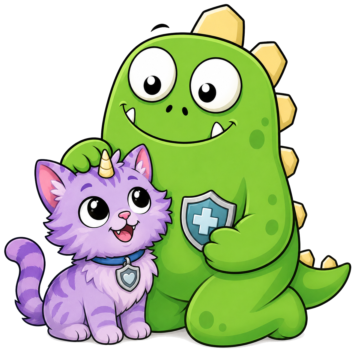 InsuranceMonster mascot beside a cat, holding a medical shield