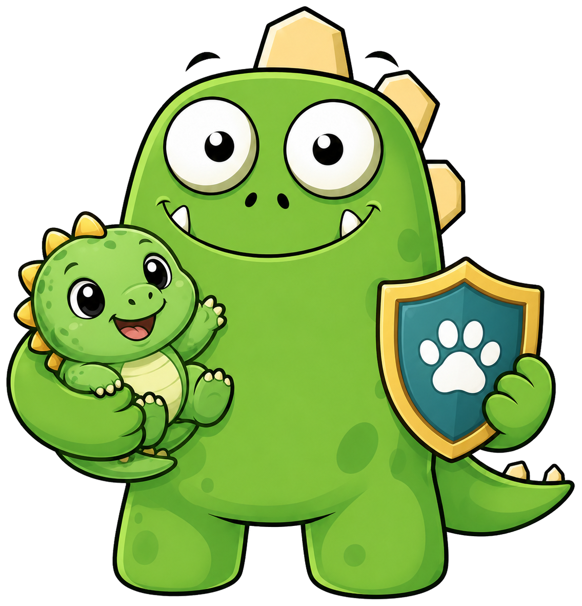 InsuranceMonster mascot holding a young pet and a paw-print shield