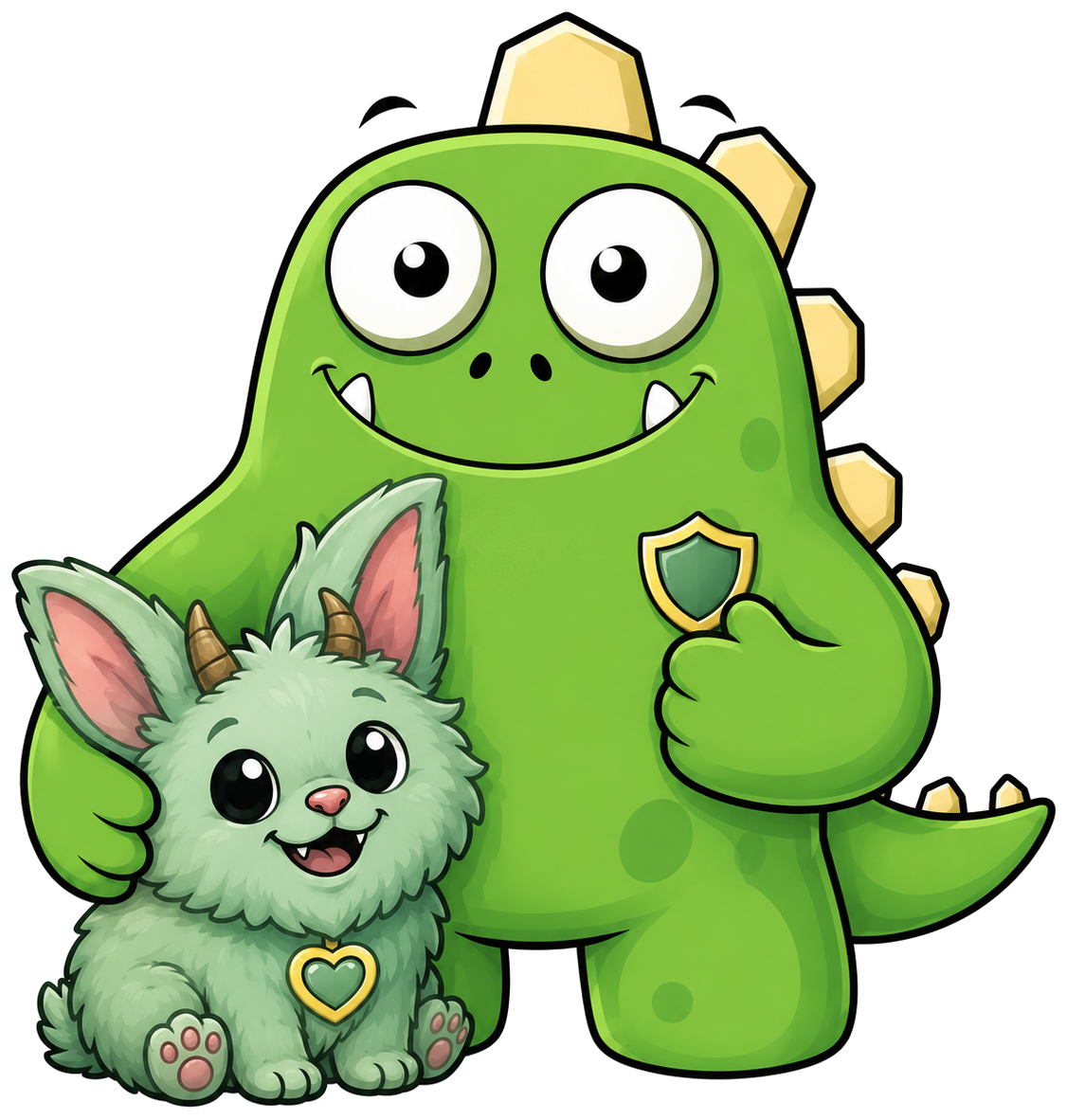 InsuranceMonster mascot with a fluffy pet and a protective shield